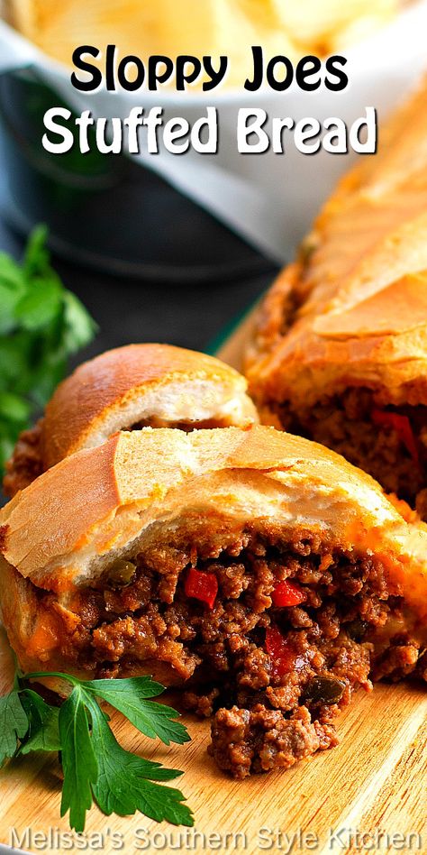 Sloppy Joe Stuffed French Bread, Stuffed Bread Recipes, Stuffed French Bread, Recipes For Meat Lovers, Melissas Southern Style Kitchen, Southern Style Kitchen, Stuffed Breads, Loose Meat Sandwiches, Stuffed Bread