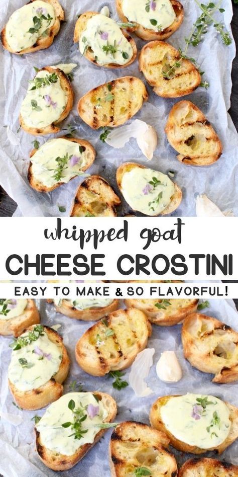 Whipped Goat Cheese Bruschetta, Goat Cheese And Crackers Appetizers, Goat Cheese Cracker Appetizer, Thanksgiving Appetizers Crustini, Whipped Goat Cheese Crostini, Crustini Appetizers Spring, Goat Cheese Crostini Appetizers, Whipped Goat Cheese Appetizer, Crustini Appetizers Summer