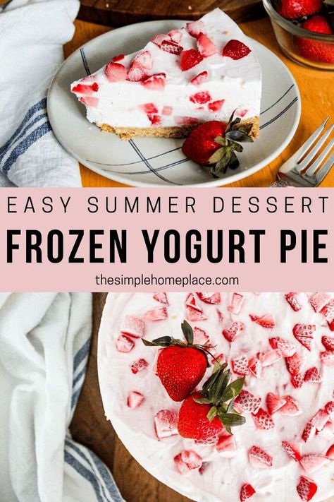 Easy Strawberry Frozen Yogurt Pie With Graham Cracker Crust | Foodtalk Frozen Yogurt Cake, Frozen Yogurt Desserts, Graham Cracker Dessert, Pie With Graham Cracker Crust, Yogurt Pie, Strawberry Frozen Yogurt, Frozen Greek Yogurt, Homemade Greek Yogurt, Homemade Graham Cracker Crust