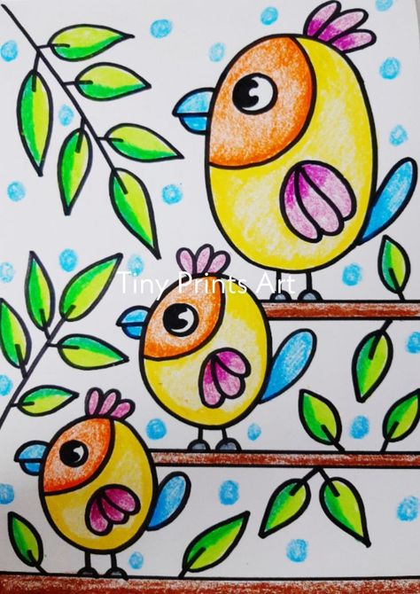 Drawings For 1st Grade, Nursery Class Drawing, Child Painting Ideas For Kids, Birds Drawing Easy For Kids, Kids Drawing Ideas Easy Nature, Birds Easy Drawing, Oil Pastel Drawing For Kids, Easy Kids Drawings, Drawings Easy For Kids