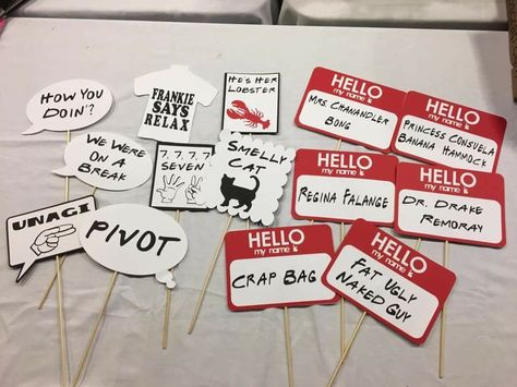 Friends photo booth props for any friends themed party Friends Themed Photo Booth, Bridal Shower Friends Theme, Bridal Shower Themes Friends, Friends Tv Bachelorette Party, Friends Themed Bridal Shower Decor, Friends Party, Photo Booth Props, Friend Photos, Bachelorette Party