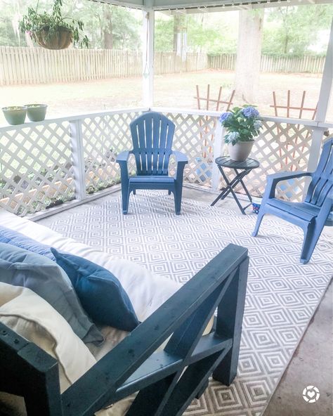 Target Daybed, Blue Adirondack Chairs, Blue Patio Furniture, Blue Outdoor Furniture, Daybed Pillows, Blue Chairs, Spring Porch Decor, Blue Patio, Deck Decor