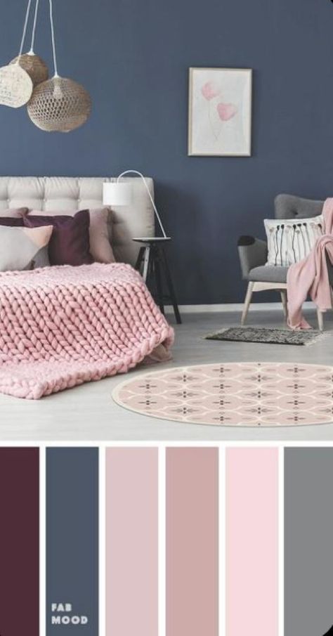 Blue Bedroom Colors, Blue And Pink Bedroom, Beautiful Bedroom Colors, Navy Blue Bedrooms, Blue Interiors, Purple Home Decor, Living Room Color Schemes, Bedroom Color, Room Color Schemes