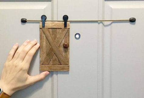 Who knew people could see IN your peephole?!  How to Make a Tiny Sliding Barn Door for Your Peephole Barn Door In House, Mini Barn, Diy Home Security, Security Cameras For Home, Home Safety, Home Security Systems, Protecting Your Home, Sliding Barn Door, Handmade Home Decor