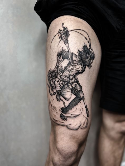 Тату на ноге Black Myth Wukong Tattoo, Wukong Tattoo Design, Monkey King Tattoo Design, Wukong Tattoo, Monkey King Tattoo, Japanese Cloud Tattoo, Son Wukong, Monkey Tattoo, King Tattoo