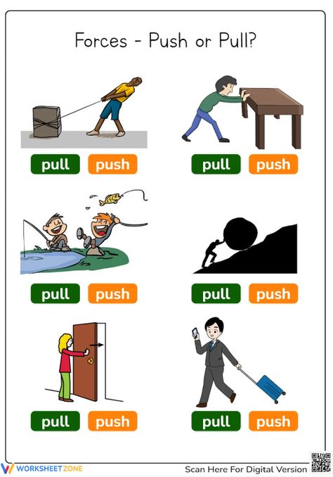 Push the boredom away and pull your interest in science with this worksheet right now! #pushandpull #pushorpull #science #worksheets #forces #push #pull #printables #kidsactivities #scienceactivities #choosing #identifying Push And Pull Science Experiments, Push And Pull Activities Kindergarten Science Experiments, Push And Pull Worksheets, Kindergarten Science Experiments, Robot Decorations, Grade 3 Science, Science Revision, Body Preschool, Homework Worksheets