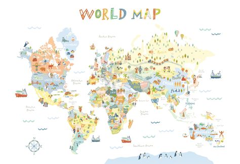 Art Prints For Kids, World Map Printable, Map Nursery, Cartoon Map, South America Map, Kids World Map, Asia Map, North America Map, Maps For Kids