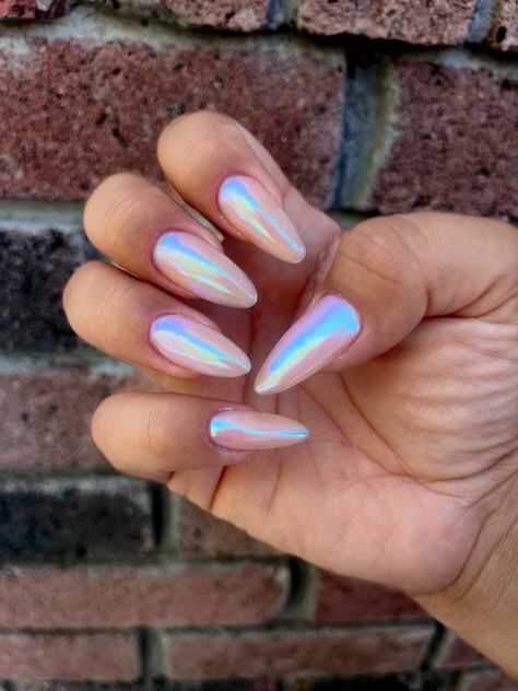 Chrome Iridescent Nails, White Holographic Nails Almond, Pearl Chrome Dip Nails, Opal Chrome Nails, Iridescent Nails Pearl, Pink Pearlescent Nails, White Opal Chrome Nails, White Unicorn Chrome Nails, Unicorn Chrome Nails