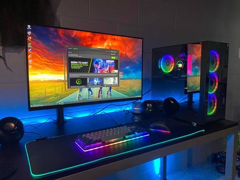 Very neat setup by u/christoffthewall ⁣ ⁣ Very inspiring ⁣ All the essentials are the⁣ re excect for non-rgb speakers⁣ Hehe⁣ ⁣ #pcgaming #pcmasterrace⁣ #rgbkeyboard #rgbtherapy #RGB #rgblighting #rgbmouse #RGBMemory #battlestation Gaming Essentials, Pc Gaming Desk, Game Room Kids, Gaming Desk Setup, Setup Gamer, Computer Gaming Room, Gaming Pc Build, Recording Studio Design, Recording Studio Home