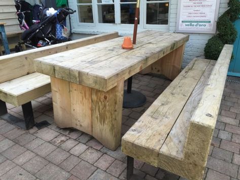 Sleeper Furniture Outdoor, Wooden Sleepers Ideas, Railway Sleeper Furniture, Outdoor Table Diy, Sleepers Garden, Sleeper Furniture, Sleeper Table, Railway Sleepers Garden, Redwood Furniture