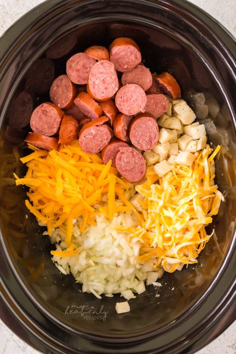 Keto Aldi, Cheesy Breakfast Potatoes, Cheesy Kielbasa, Sausage Potato Casserole, Cheesy Breakfast, Sausage Potato Soup, Sausage Crockpot, Sausage Potato, Smoked Sausage Recipes