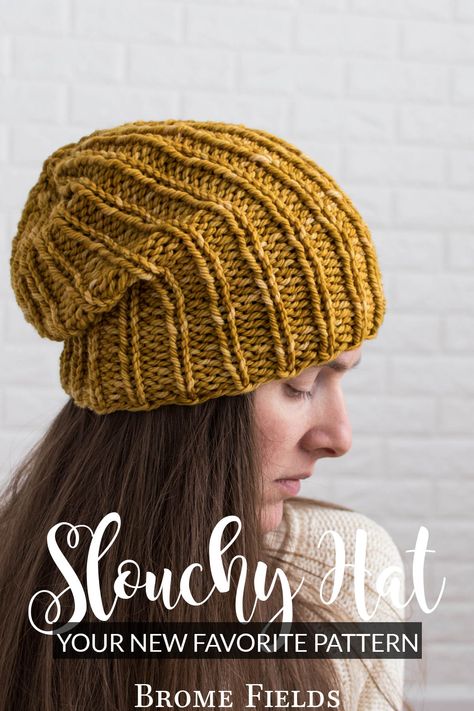 model wearing a simple slouchy knitted beanie hat Knit Slouchy Hat Pattern Free Slouch Beanie, Slouch Hat Pattern Free, Slouch Hat Knit Pattern, Knit Slouchy Hat Pattern, Slouchy Beanie Knit Pattern, Outlander Knitting Patterns, Cable Knit Hat Pattern, Slouchy Beanie Pattern, Knitted Slouch Hat