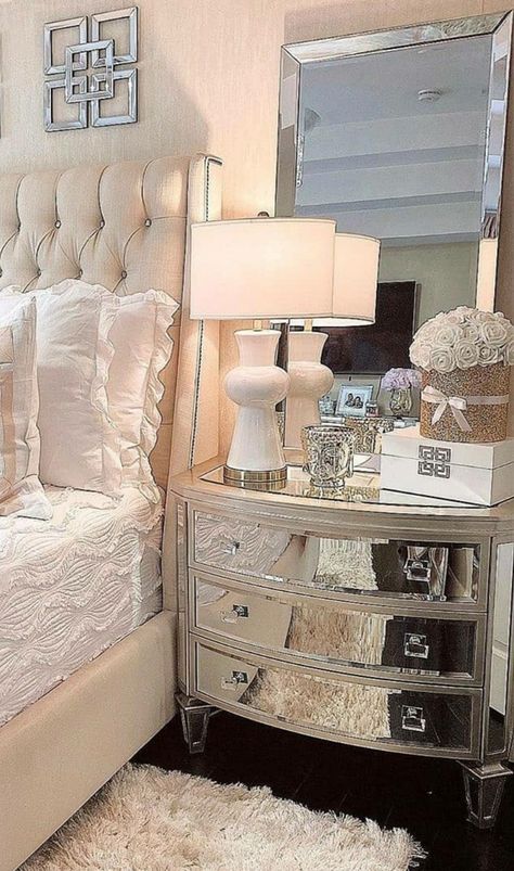 Cream Glam Bedroom, Glam Bedroom Sets Furniture, Mirrored Bedroom, Bedroom Furniture Glam, Glam Master Suite, Glam Nightstand Decor, Glam Bedroom Decor Luxury Classy, Glam Bedroom Set, Blush And Gold Bedroom