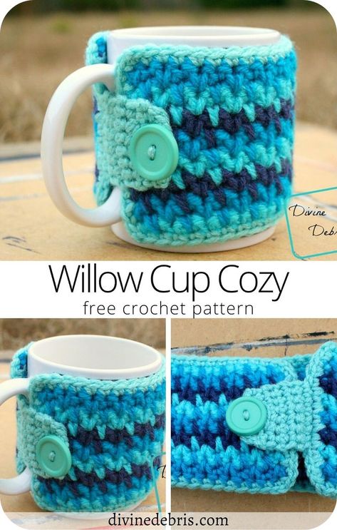 Perfect palette cleanser after such a busy holiday, the Willow Cup Cozy is quick and easy to customize. Make it for everyone, get your small projects ready even before the holidays. Or make it… More Ooze Cup Cozies, Crochet Cozies, Palette Cleanser, Cup Cosy, Cup Cozy Crochet Pattern, Yarn Art Projects, Mug Cozy Pattern, Mug Cover, Crochet Mug