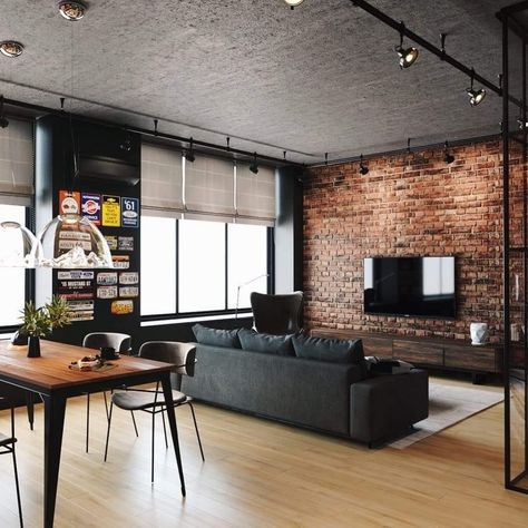 Brick Living Room, Loft Style Apartments, Loft Style Apartment, Loft House Design, Style Apartment, Industrial Apartment, Industrial Home Design, Loft Interior Design, Loft Interiors