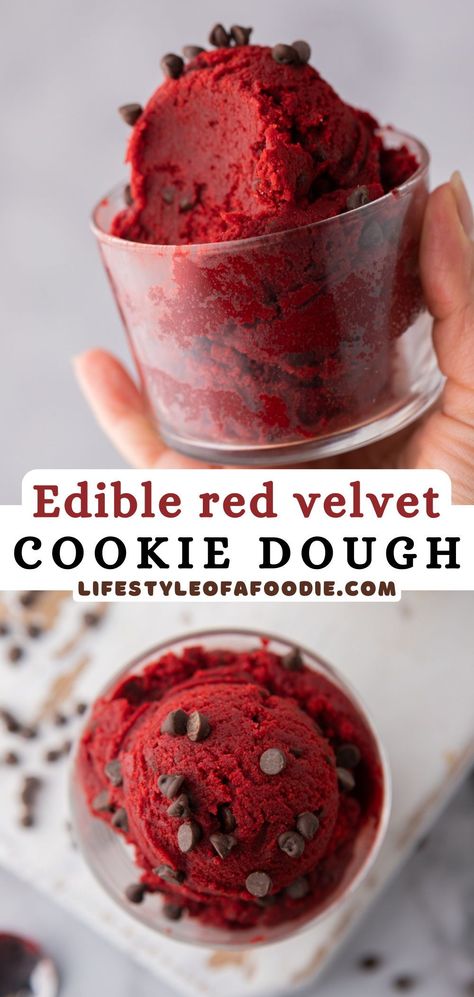 This edible red velvet cookie dough recipe is the ultimate safe-to-eat cookie dough with a classic red velvet flavor that will have you going for more! This recipe is made with white chocolate chips but feel free to mix in whatever you enjoy! Desserts With Everyday Ingredients, Red Velvet Cookie Dough Edible, Edible Red Velvet Cookie Dough, Best Homemade Dessert Recipes, Cool Easy Desserts, Yummy Sweet Treats, Easy Desserts No Flour, Edible Dough Recipes, Things To Do With Cookie Dough