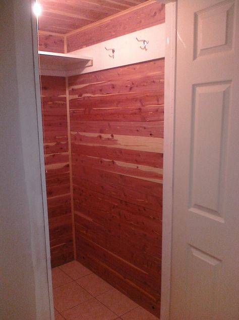 Basement Cedar Closet, Cedar Closet Ideas, Closet In Basement, Basement Vibes, Cedar Lined Closet, Basement Closet, Cedar Room, Cedar Shingle Roof, Cedar Walls