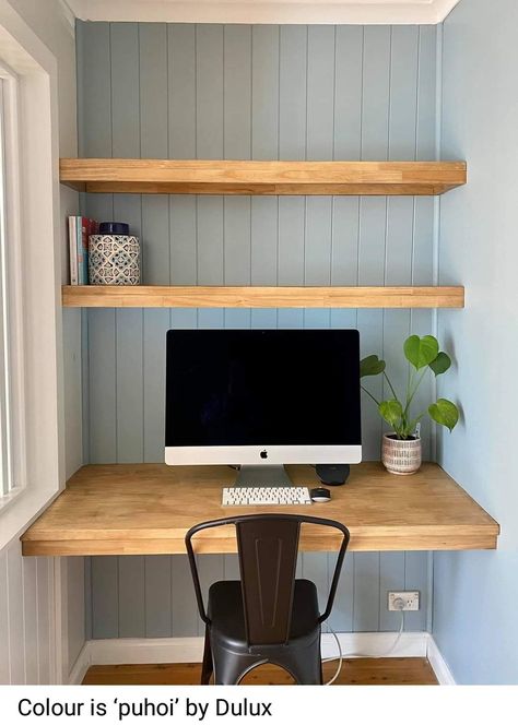 #homeoffice #productivity #workspace #homework #interiordesign #inspire #workfromhome #motivation #organization #homedecor Bedroom Office Shelves, Tiny Computer Desk, Cupboard Study Nook, Desk In Wall Built Ins, Cupboard Desk Study Nook, Built In Desk Top Ideas, Desk In An Alcove, Small Alcove Desk Ideas, Desk In Alcove Spaces