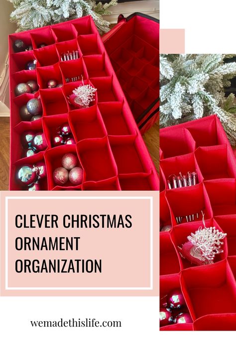 Christmas ornaments neatly organized in a red storage box with multiple compartments. How To Store Christmas Ornaments, Ornament Organization, Diy Ornament Storage, Ornament Storage Ideas, Storing Holiday Decorations, Christmas Decor Organization, Holiday Organization Storage, Organized Christmas Decorations, Storing Ornaments