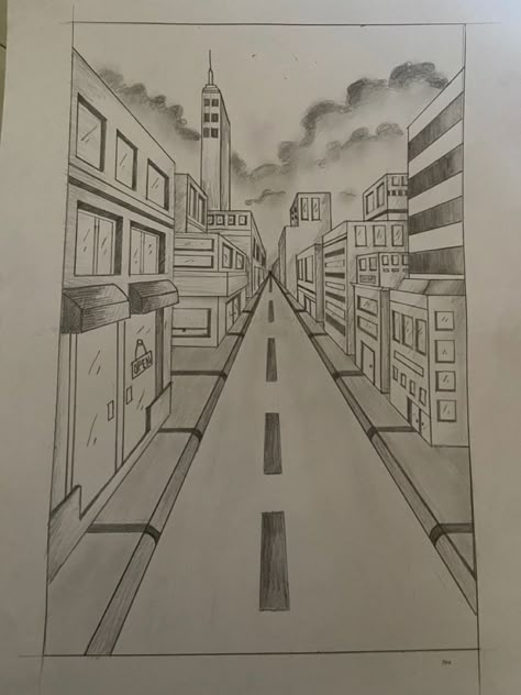 Buildings One Point Perspective, City Point Perspective, City In Perspective Drawing, One Point City Perspective Drawing, 1 Point Perspective Sketch, One Point Perspective Building Drawing, 1 Point Perspective Drawing Architecture, Perspective Drawing 1 Point, Point Perspective Drawing