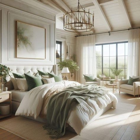 Classy Master Bedrooms Decor, House Interior Green, Organic Traditional Bedroom, Sea Green Bedroom, Master Bedrooms Pale Green, Vaulted Master Suite, Beige Interior Design, Bedroom Chair Ideas Master, Modern French Bedroom Decor