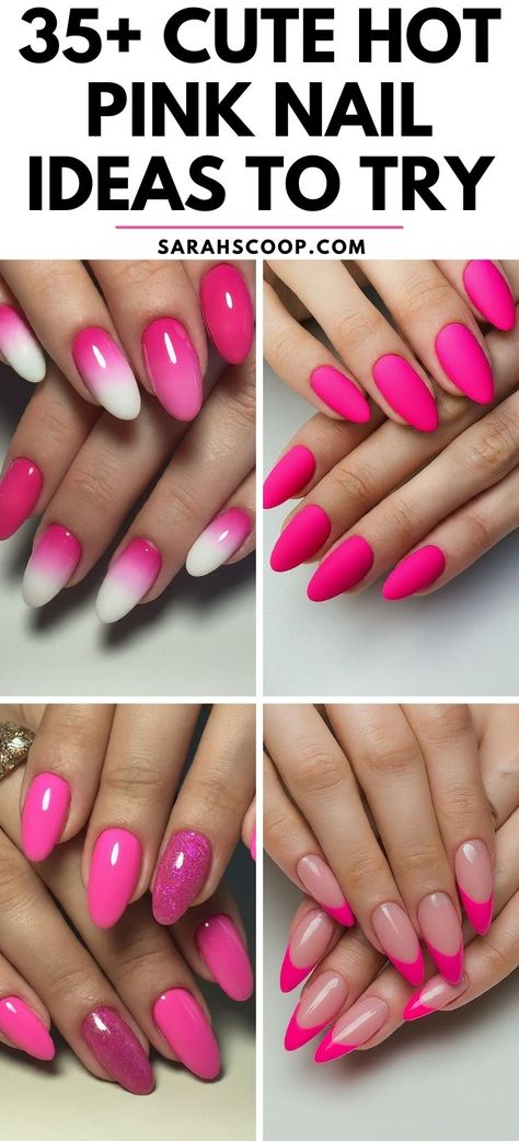 Get ready to explore your feminine side with these 35+ cute hot pink nail designs. Be ready to receive endless compliments with these adorable, chic nail designs. #HotPinkNails #NailDesigns #NailArt Hot Pink Nail With Design, Short Nails Pink Design, Hot Pink Dip Powder Nails, Cute Hot Pink Nails, Hot Pink Nails With Design, Pink Stiletto Nails, Hot Pink Birthday, Chic Nail Designs, Zebra Print Nails