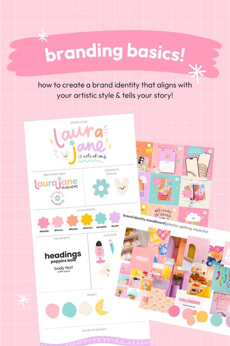 Branding Basics: How to find your Creative Brand Style Cute Branding Ideas, Playful Brand Identity, Girly Branding, Girly Logo Design, Girly Logo, Branding Basics, Playful Branding, Brand Guidelines Design, Brand Moodboard