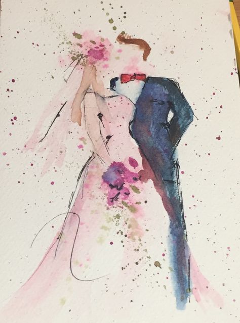 Wedding Painting Ideas Gift, Bride And Groom Watercolor, Watercolour Wedding Cards Ideas, Watercolor Wedding Cards Diy, Wedding Watercolor Card, Watercolor Wedding Cards, Wedding Art Painting, Bride Watercolor, Wedding Watercolor Painting