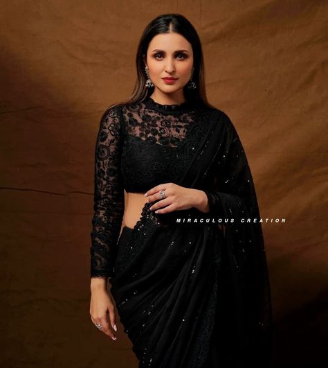 Heavy Blouse Designs Latest, Full Neck Blouse Design, Black Full Sleeve Blouse, Full Neck Blouse, Full Sleeve Blouse Design, Black Saree Designs, Black Net Saree, Farewell Saree, Full Sleeves Blouse Designs