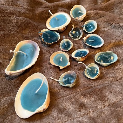 Handmade Shell Candles- Perfect For Wedding Or Beach Decor. Mixed Shells, Blue Paraffin-Free Wax. Subtle Ocean Breeze Scent. Lot Of 14 Wedding Seashell Decorations, Under The Sea Homecoming Decorations, Fall Beach Theme Decor, Beach Wedding Glasses, Ideas To Do With Seashells, Ocean Ideas Decoration, Diy Beach Wedding Decor, Sea Themed Wedding Decorations, Beach Cottage Wedding