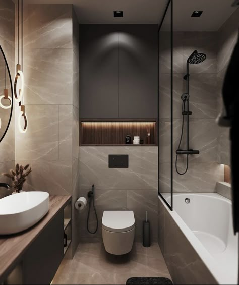 Black Washroom Designs, Bathroom Trends For 2024, Modern Washroom Design, Small Narrow Bathroom, Narrow Bathroom Designs, Design Interior Baie, Bathroom Interior Design Modern, Bathroom Design Black, Natural Bathroom