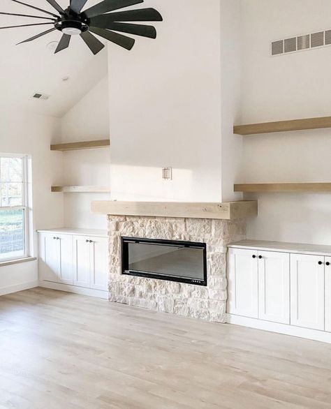 White Fireplaces, Fireplace Feature, Fireplace Area, Built In Around Fireplace, Eldorado Stone, Cabinet Trends, Vaulted Ceiling Living Room, Built In Shelves Living Room, Living Room Built Ins