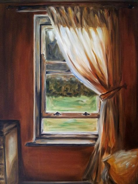 Looking Out The Window Painting, Watercolor Window View, How To Paint Curtains On Canvas, Paintings Of Windows, Open Window Painting, Curtain Painting, Painting Of A Window, Name Design Art, Painted Curtains