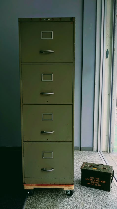 Filing Cabinet Vintage, Filing Cabinet In Living Room, Green Filing Cabinet, Search Aesthetic, Gianni Schicchi, Vintage Filing Cabinet, The Shape Of Water, Office File Cabinets, Painted Chair