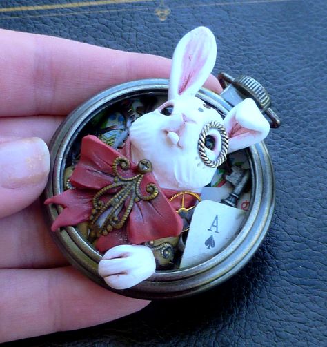 Handmade Steampunk Alice in Wonderland White Rabbit Polymer Clay Pocket Watch Sculpture Pendant Polymer Clay Rabbit, Clay Alice In Wonderland, Polymer Clay Alice In Wonderland, Alice In Wonderland Clay Art, Alice In Wonderland Ceramics, Alice In Wonderland Pottery Ceramic Art, Alice In Wonderland Caterpillar Clay, Polymer Clay Steampunk, Fimo Polymer Clay