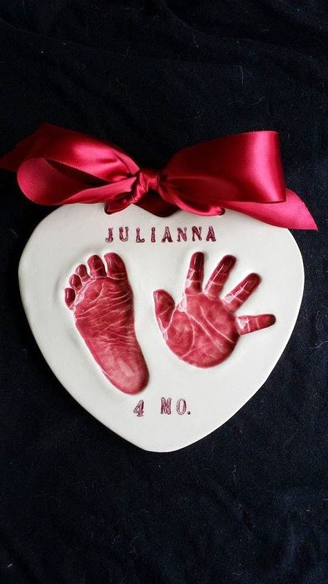 Handprints in Clay: Valentine's Day Hand and Foot Impressions Baby Hand And Foot Prints, Clay Handprint, Baby Christmas Crafts, Salt Dough Crafts, Baby Christmas Photos, Keepsake Crafts, Baby Art Projects, Footprint Crafts, Handprint Crafts