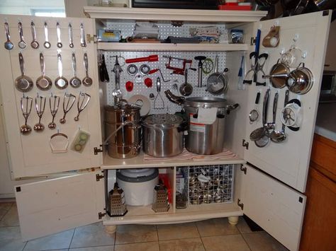 canning storage center from old entertainment center Canning Cabinet, Canning Room, Canning Storage, Stuff Storage, Canning Tools, Old Entertainment Centers, Canning Kitchen, Canning Food Preservation, Canned Food Storage