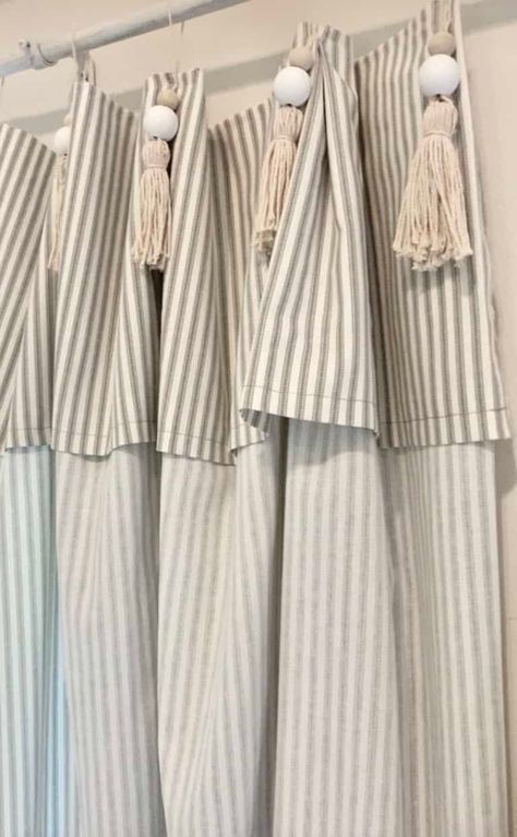 Simple Curtains DIY (Pottery Barn Inspired) - Celebrated Nest Curtains With Tassels, Cortinas Country, Ticking Stripe Curtains, Cortina Boho, Cortinas Boho, Curtains Diy, Pottery Barn Inspired, Simple Curtains, Farmhouse Curtains