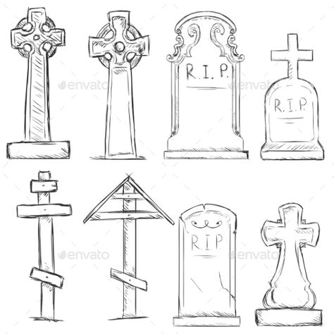 Vector Set of Sketch Cemetery Tombstones Tombstone Tattoo, Gothic Drawings, Tombstone Designs, Halloween Graveyard, Halloween Tombstones, Cemetery Art, Halloween Painting, Halloween Drawings, Pretty Drawings