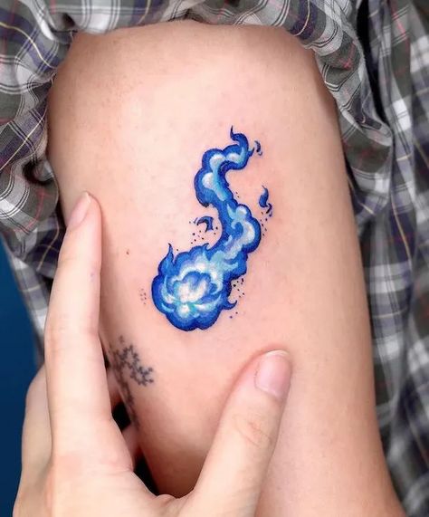 Red Vs Blue Tattoo, Blue Flame Drawing, Ball Of Fire Tattoo, Blue And Green Tattoo, Blue Fire Tattoo, Redline Tattoo, Blue Spirit Tattoo, Small Blue Tattoo, All Blue Tattoo