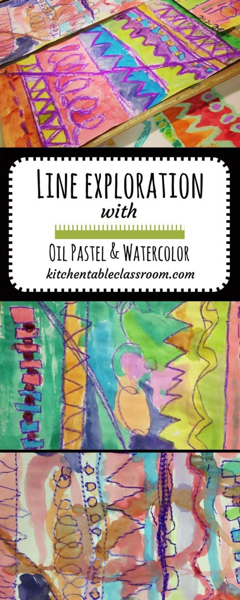 Exploring line with oil pastels and watercolors #drawing #kidsactivities #artactivities Line Art Projects, Line Art Painting, Exploration Art, Art Elements, Kids Watercolor, Oil Pastel Art, Homeschool Art, Kindergarten Art, Art Lessons Elementary