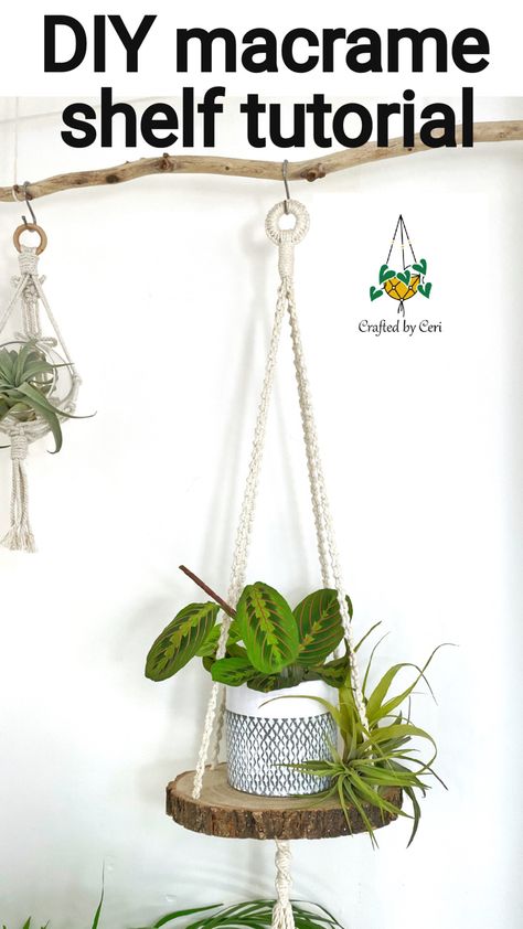 Wooden hanging shelf with plants How To Make Macrame Hanging Shelf, Macrame Wood Plant Hanger, Log Slice Hanging Shelf, Diy Macrame Hanging Shelf, Macrame Floating Shelf Diy, Macrame Shelves Tutorial, Macrame Shelf Pattern, Diy Wood Plant Hanger, Macrame Hanging Shelves