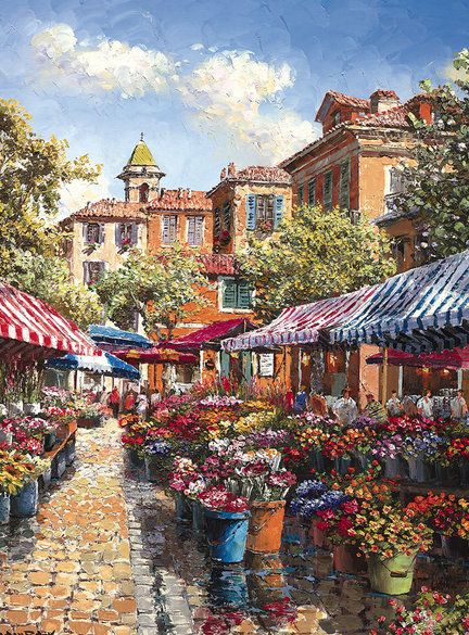 Flower Market at Nice by S. Sam Park Cafe Artwork, Nice Flower, Stone Harbor, Jigsaw Puzzles Online, Park Art, Artist Portfolio, Flea Markets, Street Scenes, Flower Market