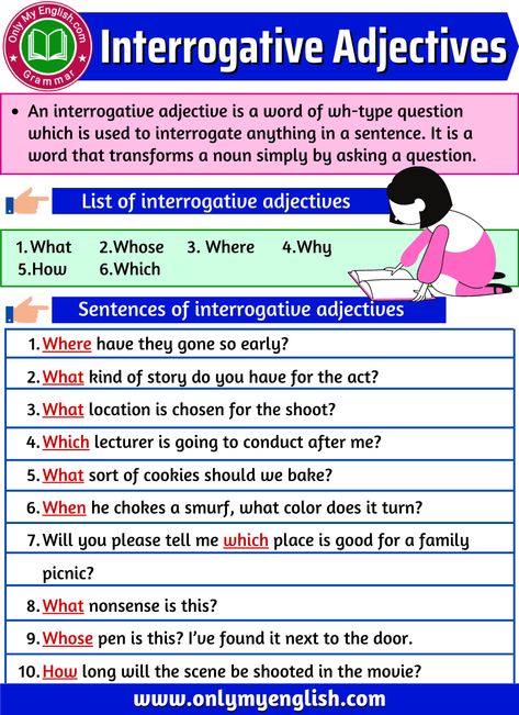 Interrogative Adjectives: Definition Examples & List Interrogative Adjectives, Proper Noun Examples, Adjectives Grammar, Examples Of Adjectives, Basic English Grammar Book, Verb Examples, English Grammar Exercises, English Grammar For Kids, English Grammar Book