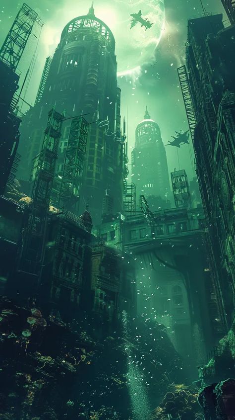 The image shows a city that has been submerged underwater. The water is murky and green, and the buildings are covered in algae ->> more details in ai-img-gen.com Underwater City Ruins, Underwater Cyberpunk, Underwater City Aesthetic, Underwater Facility, City Under The Sea, Flooded City, Bed Tattoo, Bioshock Rapture, Underwater Bubbles