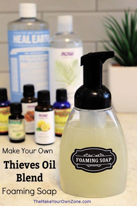 DIY Thieves Oil Foaming Hand Soap - The Make Your Own Zone Homemade Foaming Soap, Diy Thieves, Homemade Foaming Hand Soap, Foaming Hand Soap Recipe, Homemade Hand Soap, Diy Foaming Hand Soap, Homemade Body Wash, Foaming Hand Soap Dispenser, Thieves Oil