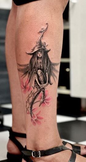 Dark Fairy Tattoos For Women, Fairy Witch Tattoo Ideas, Steampunk Fairy Tattoo, Dark Fairies Tattoo, Fairy Sleeve Tattoos For Women, Fairy Garden Tattoos For Women, Witch Fairy Tattoo, Witchy Fairy Tattoo, Fantasy Fairy Tattoo