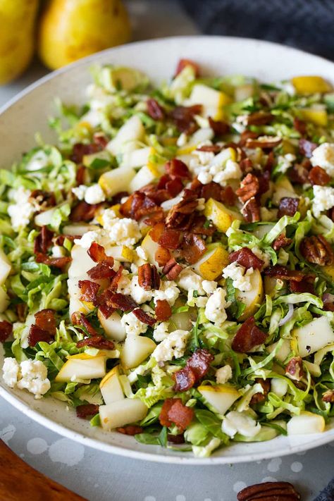 Brussels Sprout Pear Salad, Brussel Sprout Salad Thanksgiving, Brussel Sprout Salad With Bacon, Kale And Brussel Sprout Salad, Brussels Salad, Warm Salads, Brussel Sprout Salad Recipes, Winter Salads, Brussels Sprout Salad