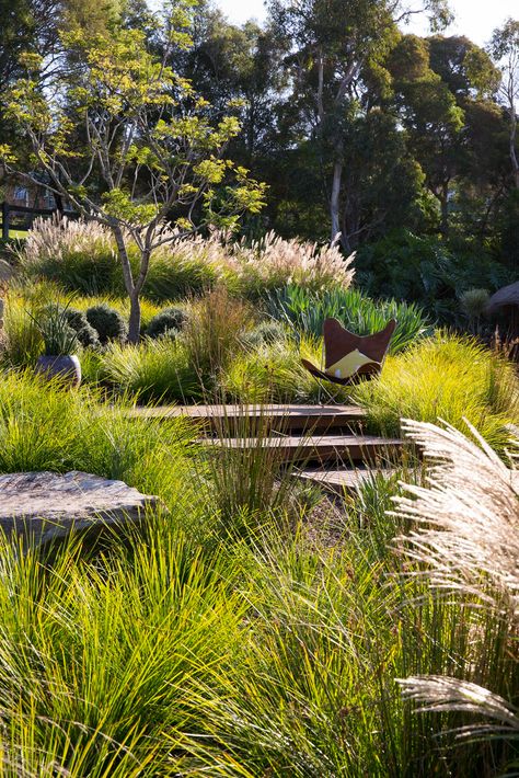 Modern Garden Landscaping, Australian Garden Design, Landscaping On A Hill, Australian Native Garden, Backyard Landscaping Plans, Hillside Landscaping, Garden On A Hill, Sloped Garden, Australian Garden