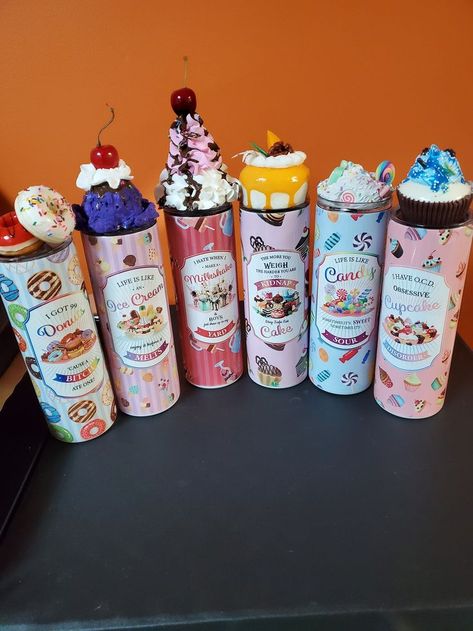 Candy Milkshake, Tumbler Cups Glitter, Cake Milkshake, Tumbler Toppers, Funny Tumblers, Ice Cream Cupcakes, Candy Cupcake, Epoxy Projects, Yeti Cups